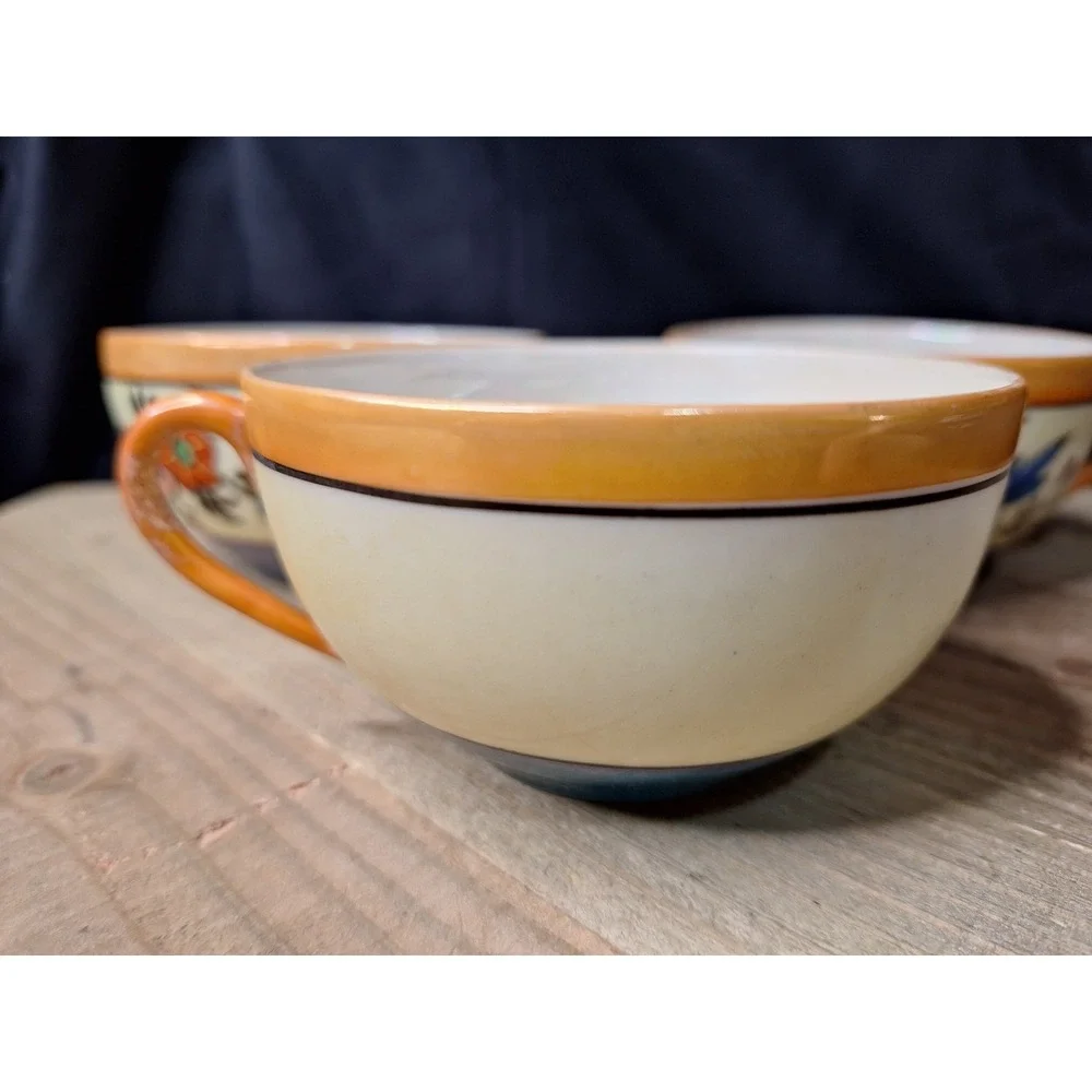 Vintage Japanese Lusterware Teacups Set of‎ 3 Blue Bird Floral Porcelain Japan